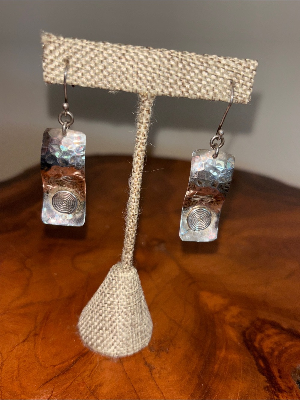 Hammered Sterling Silver Rectangular Wave Dangle Earrings with Spiral Accent